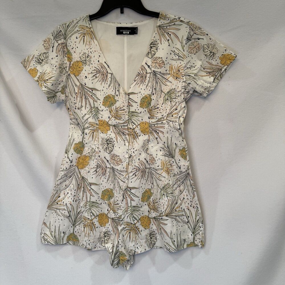 MinkPink Wild Coast Yellow Green White Floral V-neck Cotton Linen Romper Sz M